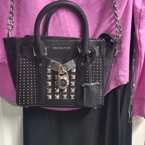 Michael Kors Black Leather Studded Satchel with Silver Hardware Nouveau Hamilton